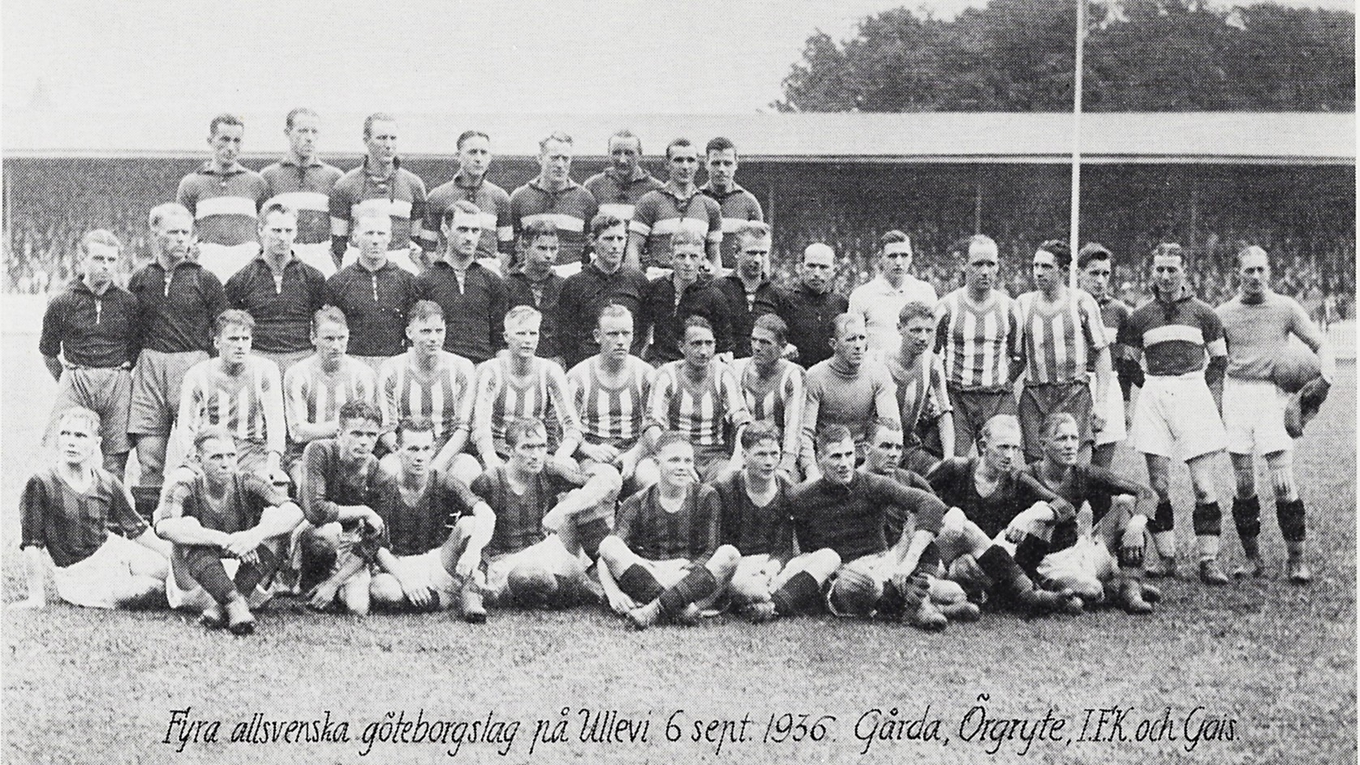 Lagen på Ullevi inför ett dubbelderby i fotbollshuvudstaden Göteborg i september 1936. Uppifrån Gårda BK, Örgryte IS, IFK Göteborg och Gais. Foto: Privat