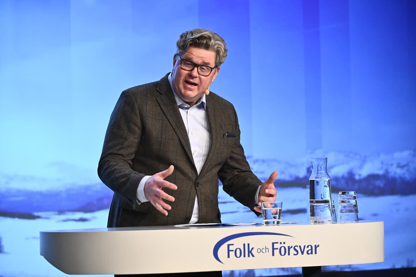 Justitieminister Gunnar Strömmer (M) håller tal under Folk och Försvars Rikskonferens på Högfjällshotellet i Sälen. Foto: Henrik Montgomery/TT