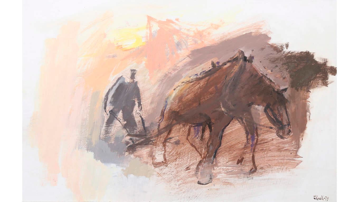 Eugen Kask, ”Plöjare”, 1979. Akryl på masonit. Privat samling. Foto: Sverigeesternas Riksförbund