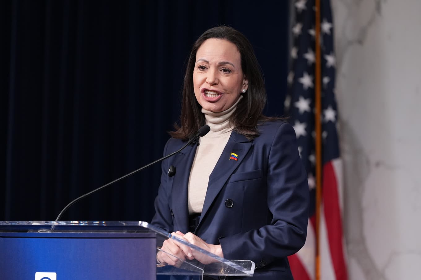 Den venezuelanska oppositionspolitikern och fredspristagaren María Corina Machado under ett besök i Washington den 16 januari. Foto: J. Scott Applewhite/AP/TT
