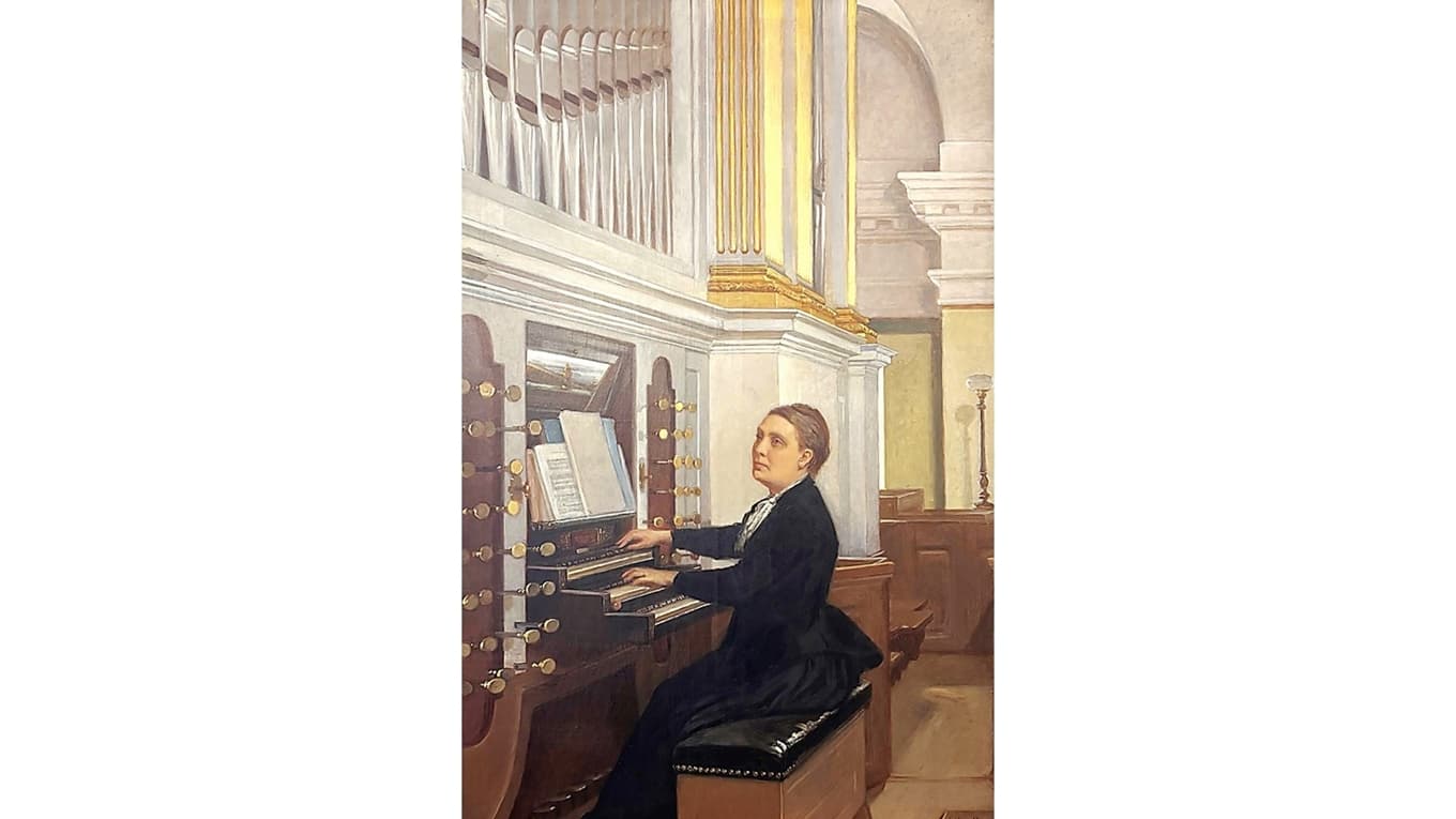Sveriges på sin tid främsta och mest framgångsrika kvinnliga tonsättare Elfrida Andrée, vid Domkyrkans orgel. Målning av Hilda Lindgren 1898. Foto: Göteborgs Stad
