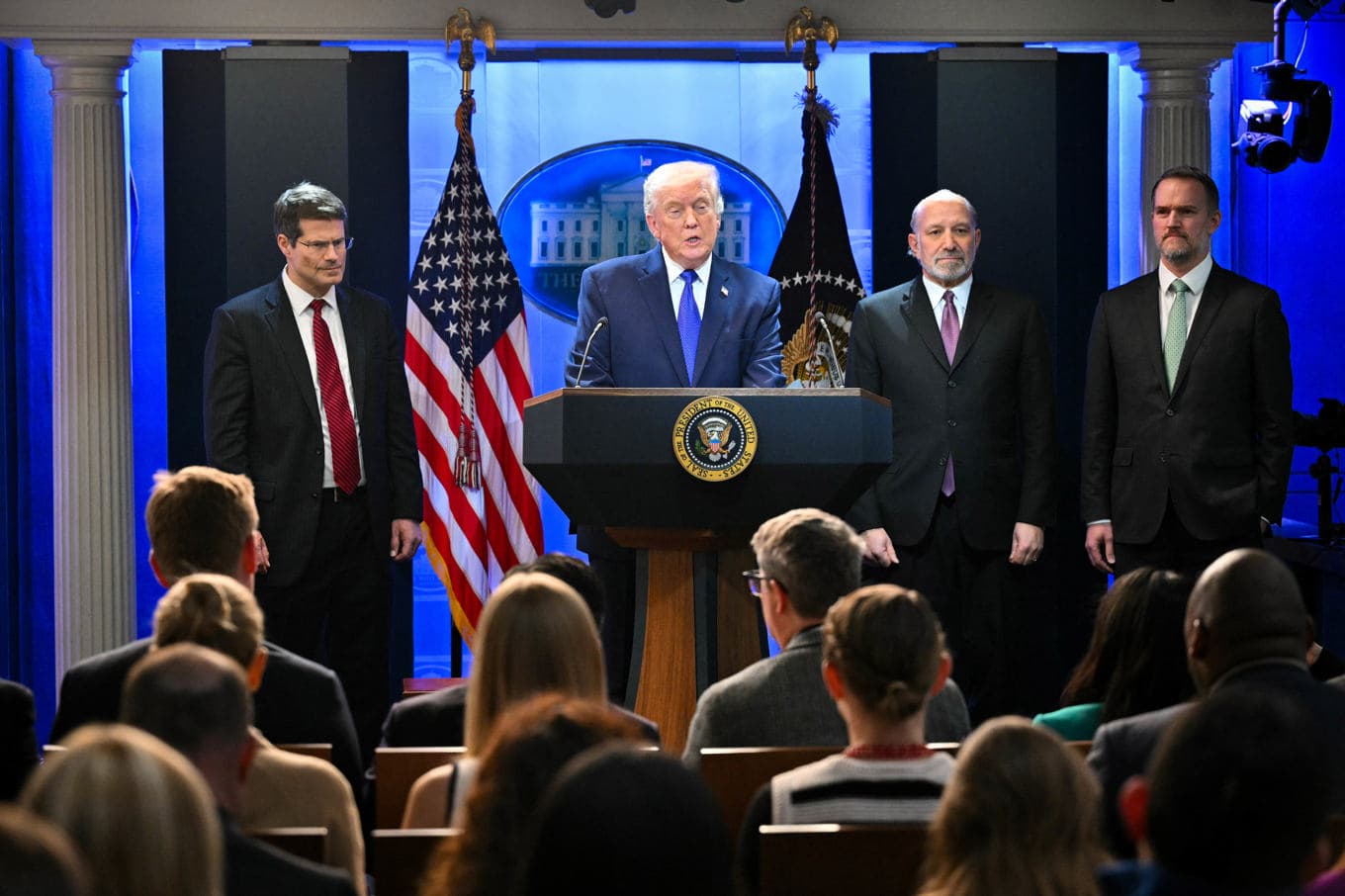 USA:s president Donald Trump håller presskonferens den 20 februari efter HD-beskedet om tullarna. Foto: Mandel Ngan/AFP via Getty Images