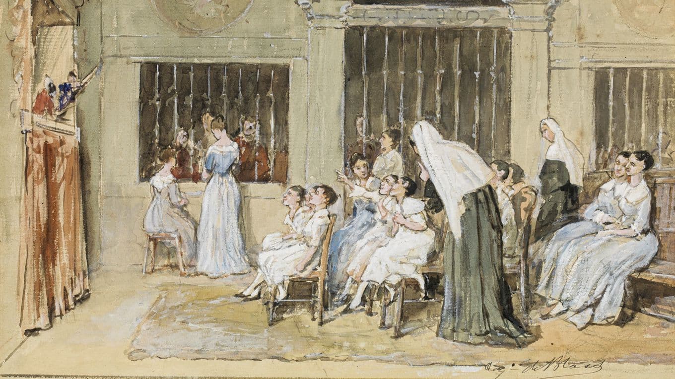 Sketch av dockteater i ett kloster, av Eugene de Blaas (1843–1931). Foto: Wikimedia Commons