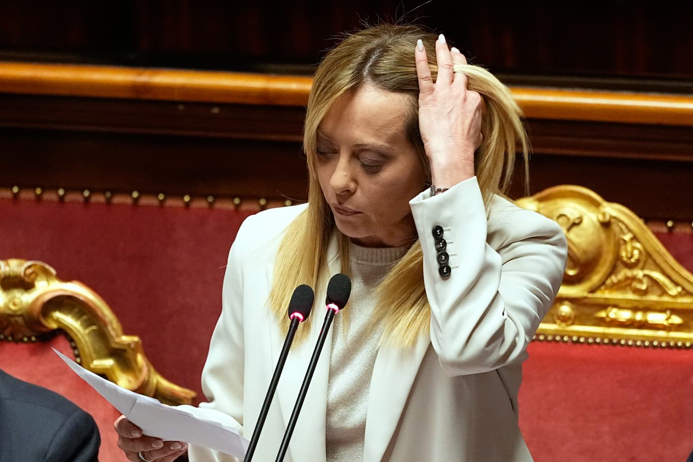 Italiens premiärminister Giorgia Meloni i den italienska senaten i Rom den 11 mars. Foto: Alessandra Tarantino/AP/TT
