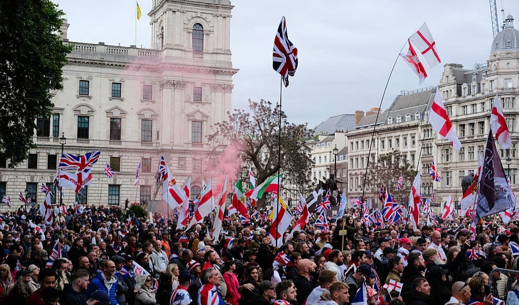 Demonstranter i Unite the Kingdom-marschen i London den 16 maj. Foto: Thomas Noonan / Hans Lucas / AFP via Getty Images