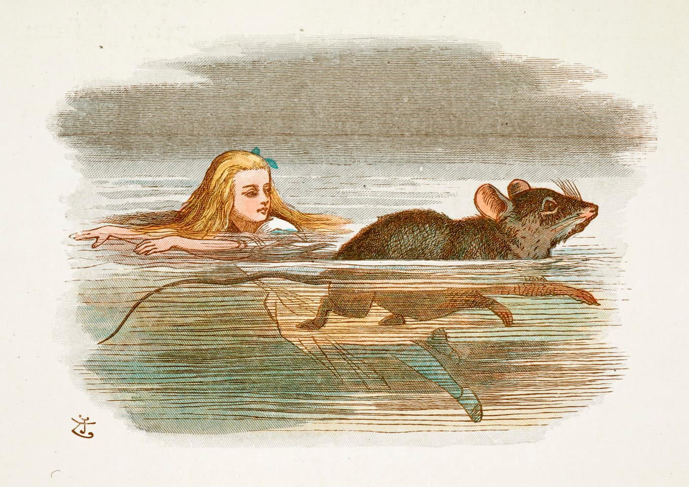 I ”Alice i Underlandet” simmar huvudpersonen i sina egna tårar. Hon möter en råtta, en art som inte gråter men däremot skrattar. Illustration av John Tenniel (1820–1914). Foto: British Library