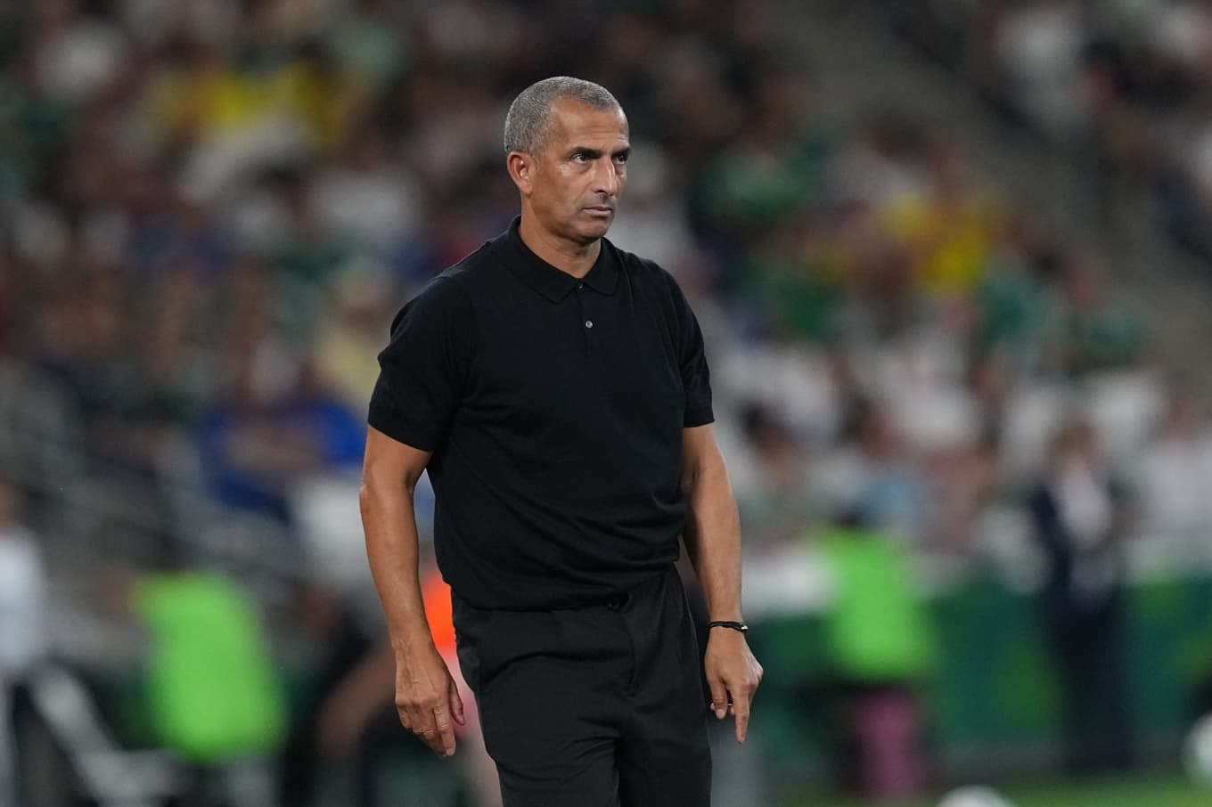 Tunisiens förbundskapten Sabri Lamouchi under matchen mot Sverige. Foto: Moises Castillo/AP/TT