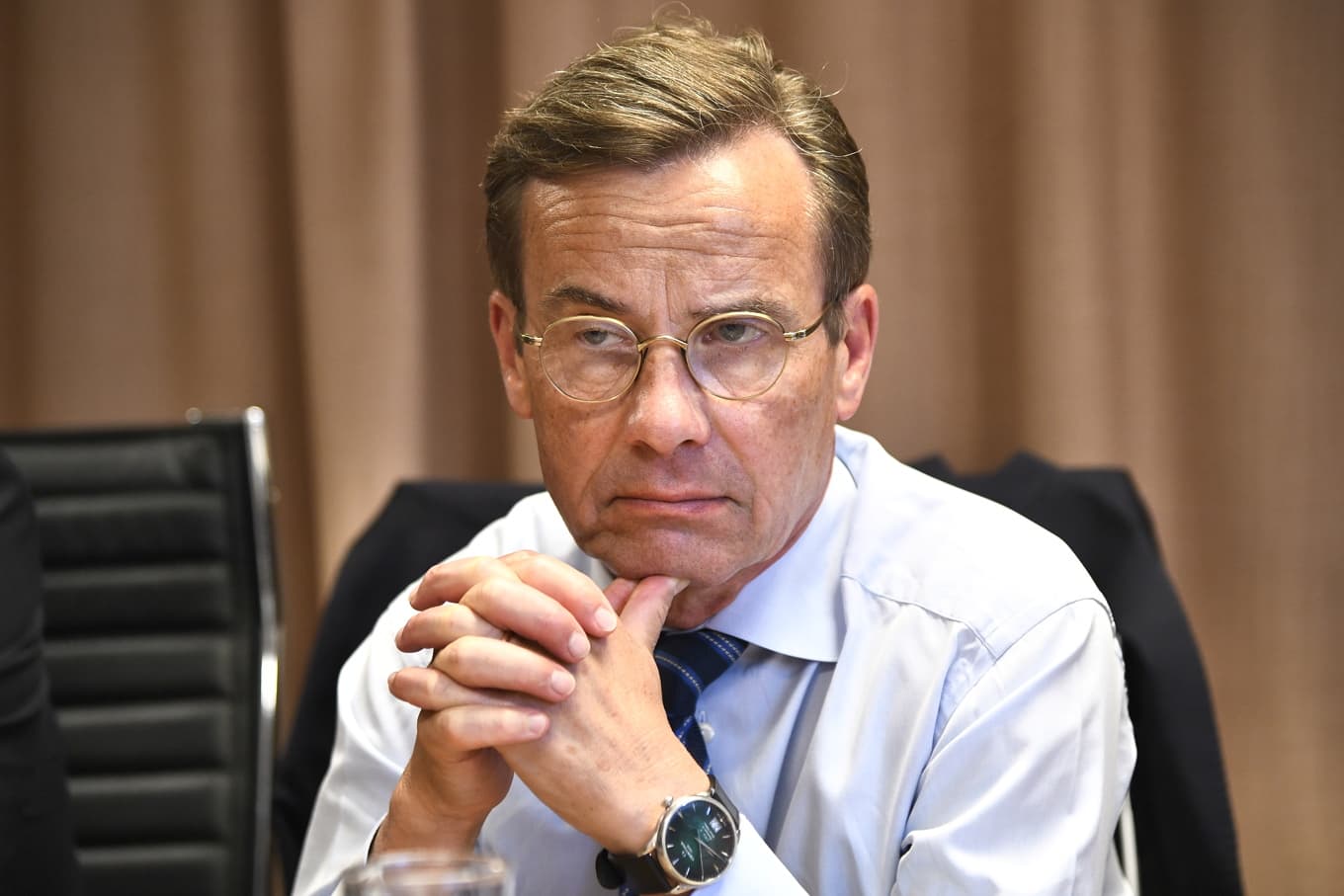Moderatledaren och statsminister Ulf Kristersson (M) under en pressträff om mäns våld mot kvinnor. Foto: Lars Schröder/TT