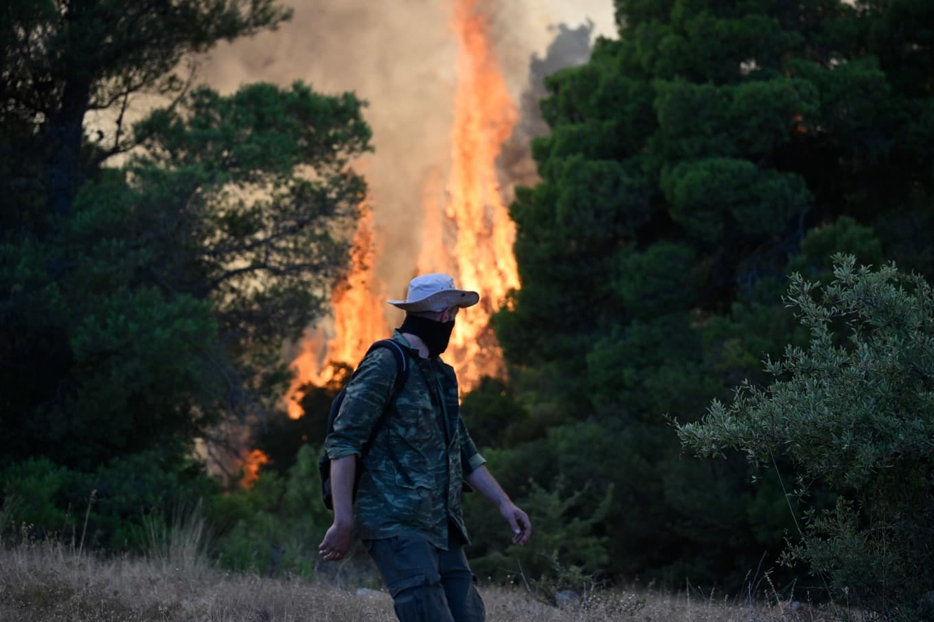 En man ser på eldsflammorna i en skogsbrand nära Porto Germeno, nordväst om Aten. Foto: Michael Varaklas /AP/TT