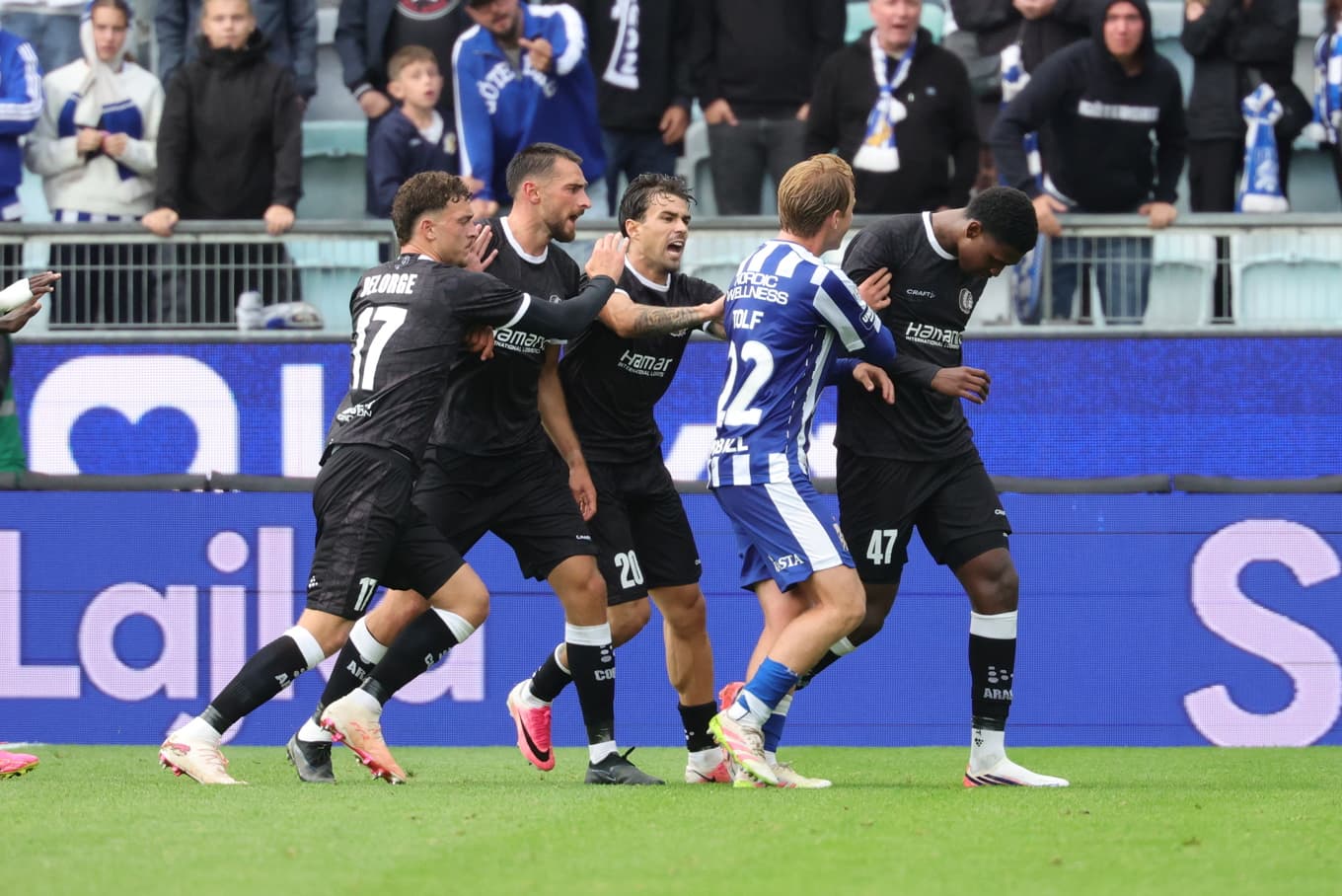 Bråkigt mellan IFK Göteborgs Noah Tolf och Gent-spelare. Foto: Adam Ihse/TT