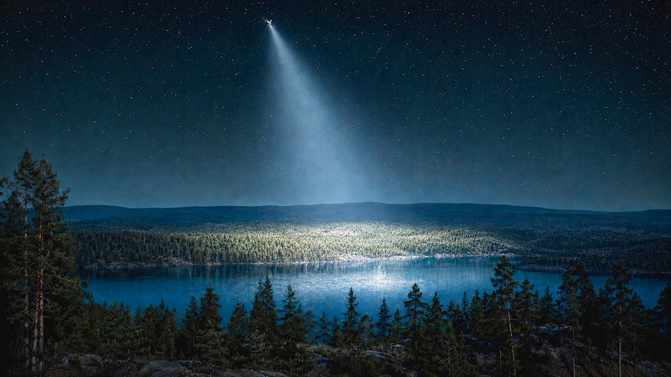 Illustration av hur en Eärendilsatellit lyser upp ett skogslandskap. Illustration: Gunnar Sporrong m.h.a. OpenAI