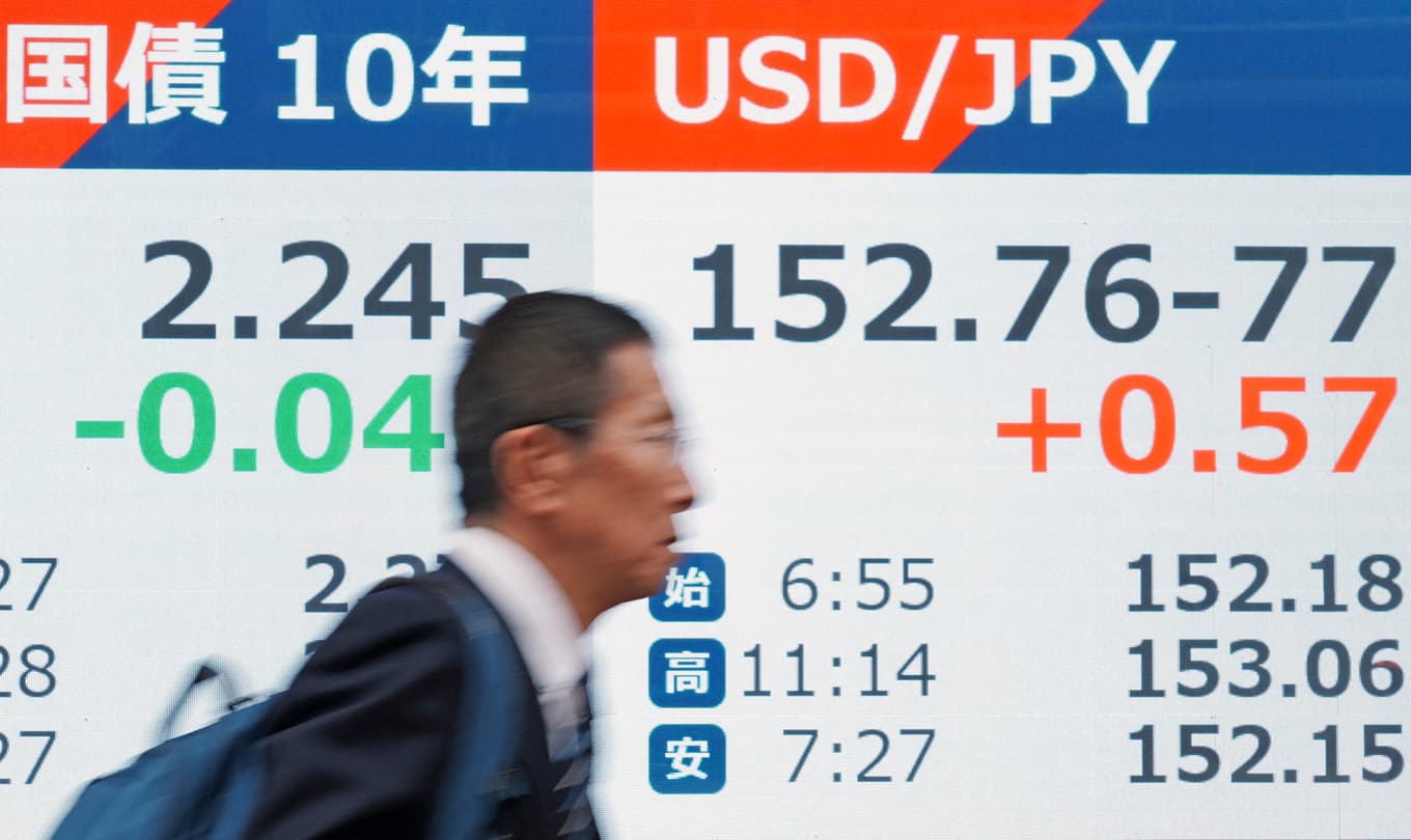 Den japanska yenen har försvagats kraftigt mot dollarn sedan pandemin. Här visas växelkursen USD/JPY på en elektronisk marknadstavla i Tokyo. Foto: Kazuhiro Nogi/AFP via Getty Images