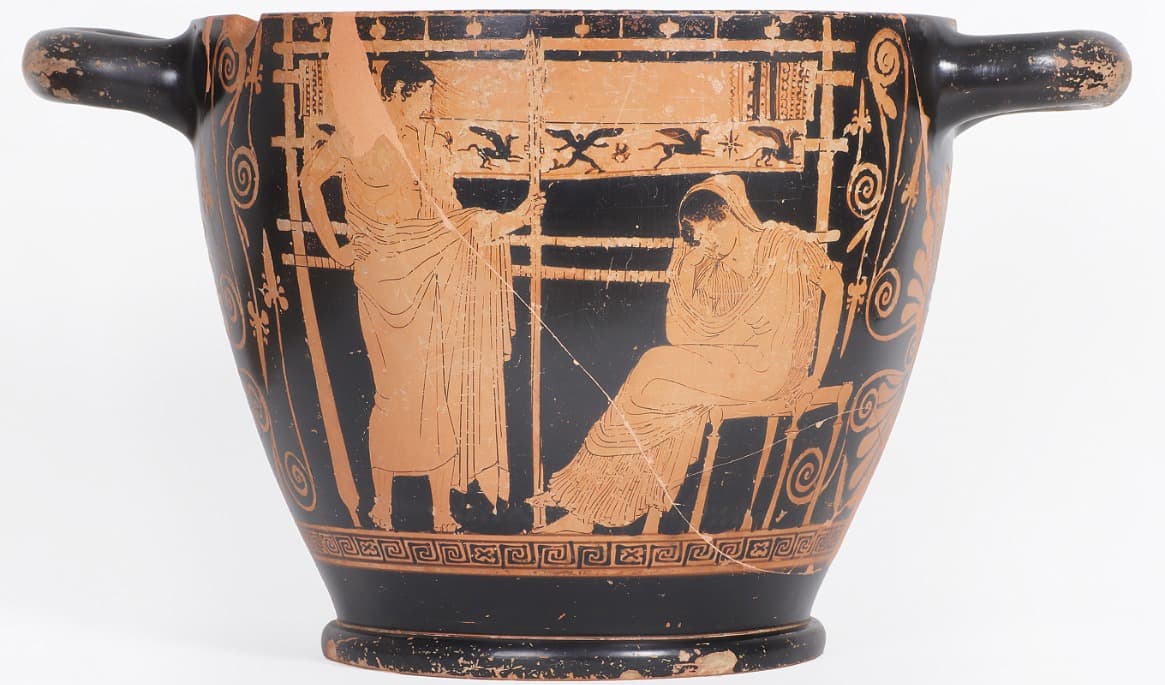 Penelope vid sin vävstol samtalar med sin son Telemakos. Foto: Ariano Guastaldi/Museo nazionale etrusco di Chiusi.