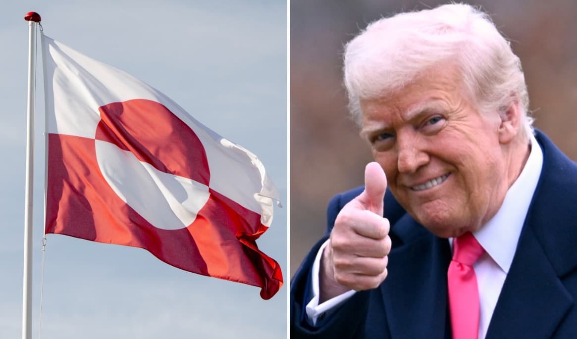 Den grönländska flaggan och USA:s president Donald Trump. Foto: Mads Claus Rasmussen/Ritzau Scanpix/TT, John McDonnell/AP/TT