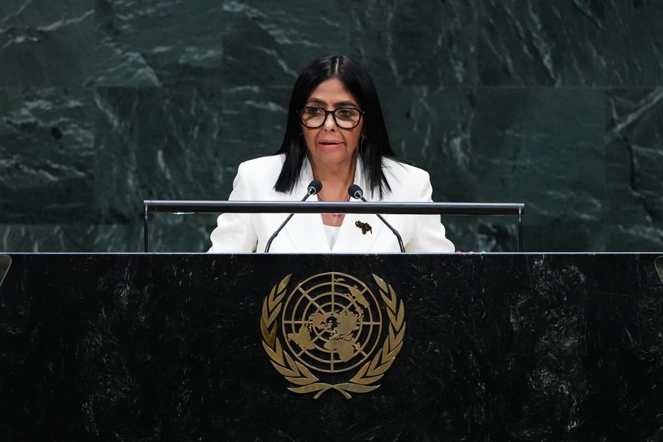Venezuelas interimspresident Delcy Rodríguez talar i FN:s generalförsamling. Foto: Frank Franklin II/AP/TT