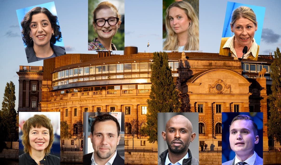 Nya ledamöter som väljs in i Sveriges Riksdag. Överst från vänster Simona Mohamsson (L), Birgitta Ohlsson (C), Hanna Lindqvist (MP), Elisabeth Lann (KD). Nedre från vänster: Malin Björk (V), Benjamin Dousa (M), Mohamed Abdukardir Ali (V) och Emil Eneblad (SD). Foto: Christine Olsson/TT