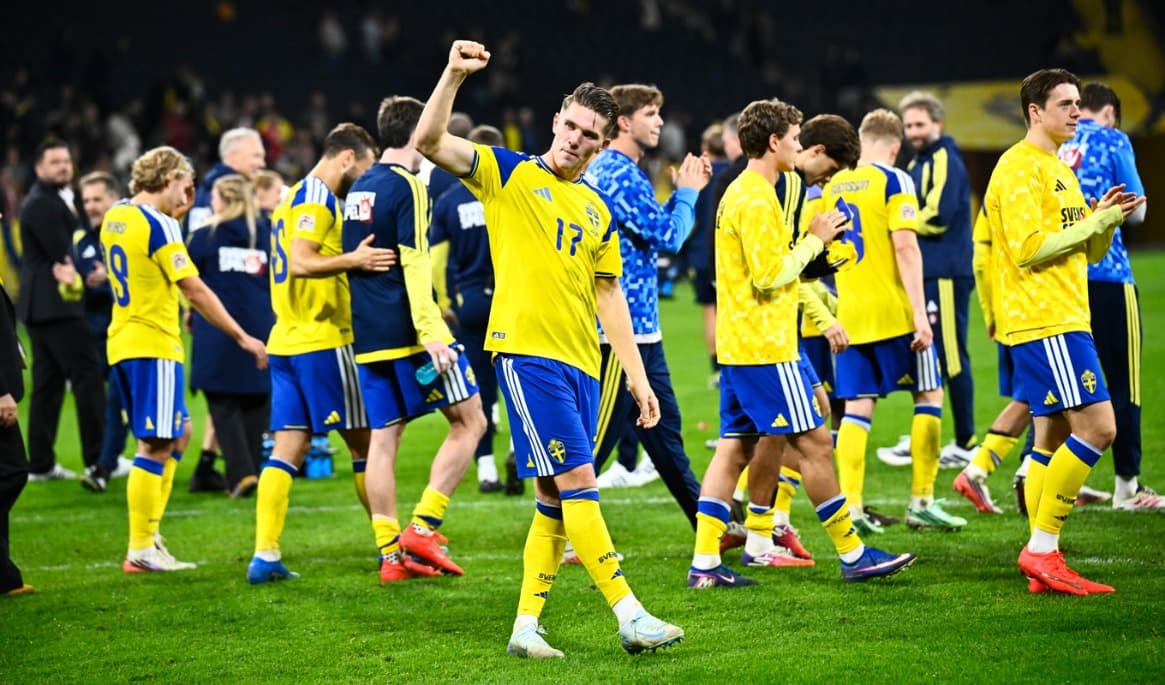 Viktor Gyökeres och Sverige jublar efter 3–1-segern hemma mot Polen i Nations League. Foto: Fredrik Sandberg/TT