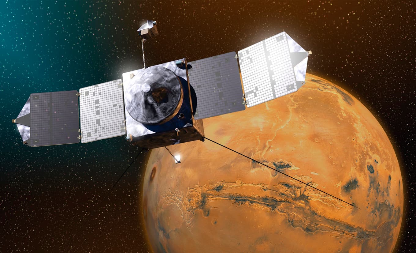 En konstnärlig tolkning av satelliten i dess bana runt planeten Mars. Foto: Nasa/Goddard/University of Colorado/Laboratory for Atmospheric and Space Physics