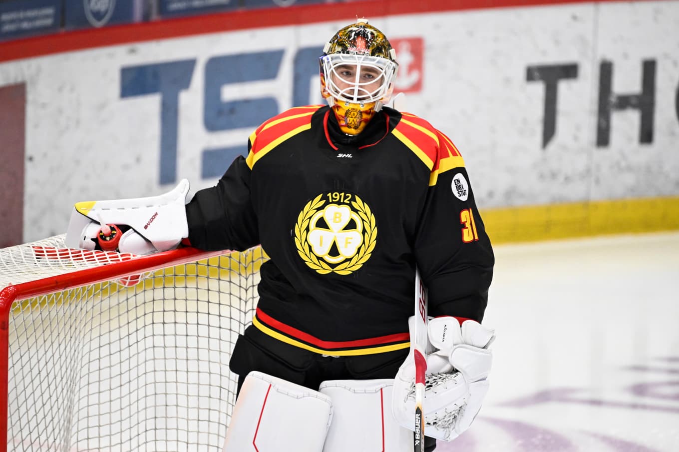Brynäs målvakt Erik Källgren blev påkörd av Djurgårdens Noel Gunler och fick avbryta SHL-matchen. Arkivbild. Foto: Jessica Gow/TT