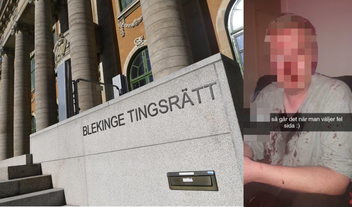Tre män står åtalade vid Blekinge tingsrätt för bland annat människorov. En central del av bevisningen är en Snapchat-bild som förövarna tagit under övergreppen: Foto: Johan Nilsson/TT & Polisens förundersökning