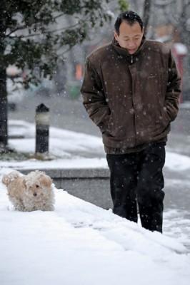  Även i Shanghai gäller det att klä sig varmt en kall vinterdag. (Foto:  Philippe Lopez / AFP)