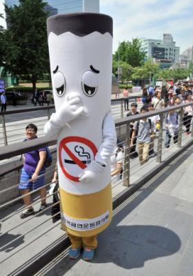Sydkoreansk akrivist bär en cigarett-utformad dräkt under världsdagen - ingen tobakdag, en kampanj som återkommer varje år den 31 maj. Dagen skapades av FN:s världshälso-organisation, WHO. Bilden är från i år 2013 och temat var sluta annonsera, marknadsföra och sponsra tobak. (Foto: Jung Yeon-Je / AFP)
