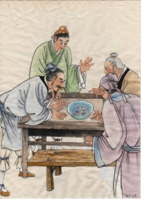 Zhang Zeduan målade bland annat män som spelade tärning i sin målning” Längs floden under Qingmin-festivalen“. (Illustratör: Jane Ku, Epoch Times)
