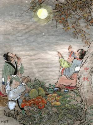 Höstfestivalen är ett viktigt tillfälle för familjens medlemmar att komma samman och beundra den klara månen och njuta av månkakorna. Den har en historia på över 3 000 år, under den forntida Shangdynastins måndyrkan. (Illustratör: Jane Ku / Epoch Times)
