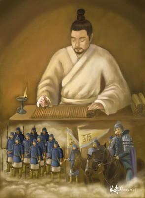 Sunzi skriver boken "Krigskonst", illustrerad av SM Yang, Epoch Times. 