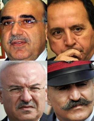 Den förre libanesiske säkerhetschefen Mustafa Hamdan (ö. v), Jamil al-Sayyed (ö. h), Ali Hajj (n. h) och Raymond Azar, som varit fängslade sedan augusti 2005 i samband med bomben som dödade förre libanesiske premiärministern Rafiq Hariri och 22 andra. (Foto: Joseph Barrak/AFP/Getty Images)