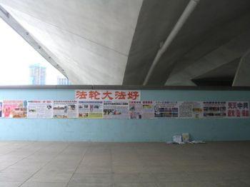 Falun Gong-affischer längs gångbanan under Esplanadbron, en populär turistattraktion vid Singapore River. (Foto: Mingguo Sun/The Epoch Times)
