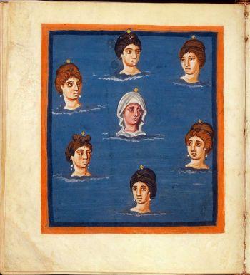 En målning av de sju systrarna Plejaderna från Aratus bok Phaenomena. Plejaderna är döttrar till den grekiske titanen Atlas. (Med tillstånd av Leiden University Library/WikiMedia Commmons)
