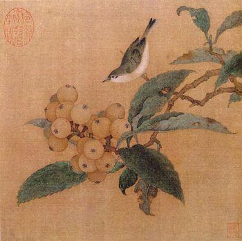 Fågeln med mispelfrukterna är målad av en okänd konstnär under Södra Songdynastin i Kina (1127-1279). (Bild från Wikipedia)