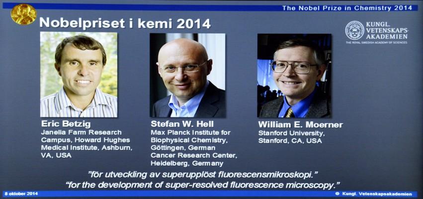 Bilder på 2014 års Nobelpristagarna i kemi, Eric Betzig, Stefan Hell och William Moerner, visades i Kungliga Vetenskapsakademiens vackra sal den 8 oktober. (Foto Jonathan Nackstrand / AFP / Getty Images)