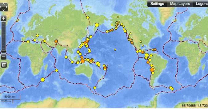 En karta från United States Geological Survey visar jordbävningar som inträffat sedan 11 mars. Miljontals små jordbävningar över en tidsperiod av hundratusentals år skulle kunna orsaka bildandet av guldavlagringar enligt en ny studie. (Screenshot by the Epoch Times)