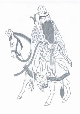 Zhang Guo, en gammal daoist som red på sin åsna bakvänt. (Illustration: Yeuan Fang, Epoch Times)