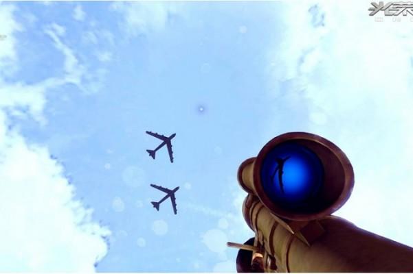 I "Ärorikt uppdrag", ett träningsdataspel för Folkets befrielsearmé, riktar en spelare ett raketgevär mot två bombplan av typen B-52. Bilden är en skärmdump från kinesiska statliga Global Times. (Skärmdump/Global Times) 