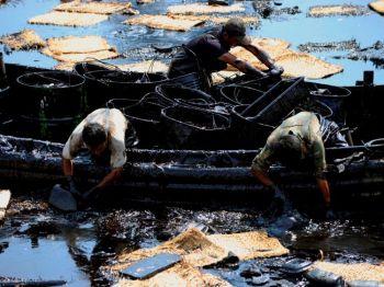 Arbetare samlar upp olja från vattnet utanför en hamn i Dalian i Liaoningprovinsen, 27 juli 2010. (Foto: Liu Jin/AFP/Getty Images)