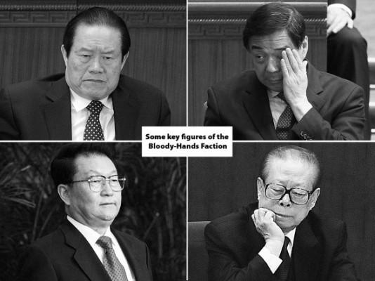 Fyra nyckelpersoner i den så kallade ”blodiga händer-fraktionen” som Jiang Zemin skapade för att genomdriva förföljelsen av Falun Gong. Övre vänstra bilden: Zhou Yongkang, ledare för den kinesiska regimens säkerhetsorgan som nyligen fråntogs makten och sattes under utredning. Övre högra: Bo Xilai, tidigare partisekreterare i Chongqing som snart åtalas för korruption. Nedre vänstra: Li Changchun, propagandachef. Nedre högra: Jiang Zemin, Kinas förre ledare, som startade förföljelsen mot Falun Gong. (Foton: Liu Jin/AFP/Getty Images - Lintao Zhang/Getty Images - Feng Li/Getty Images - Minoru Iwasaki-Pool/Getty Images)
