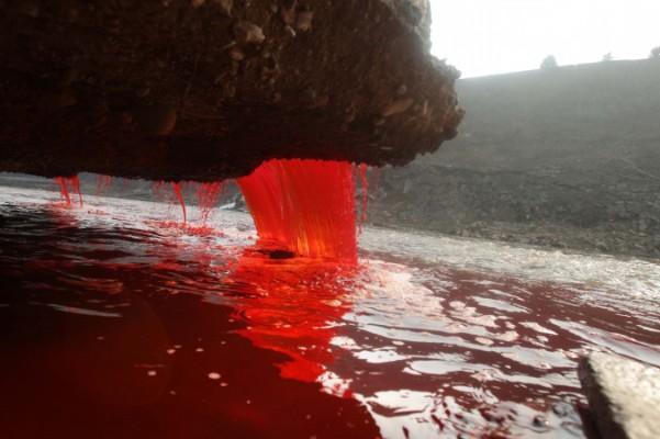 Rött förorenat vatten rinner från ett avloppsrör ner i Jian-floden i Luoyang i Henanprovinsen i norra Kina den 13 december 2011. Orsaken till åns apokalyptiska utseende var att två olagliga färgningsfabriker hade dumpat rött färgämne i stadens vattenrörledningar. (STR/AFP/Getty Images)

