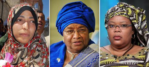 Tawakkul Karman, Yemen, Ellen Johnson Sirleaf, Liberias president och Leymah Gbowee, Liberia, får gemensamt dela Nobels fredspris 2011. (Foto: AFP)