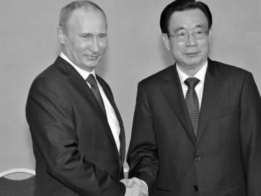 Rysslands president Vladimir Putin och He Guoqiang, en högt uppsatt ledare inom det Kinesiska kommunistpartiet, träffas under ekonomiskt forum i Sankt Petersburg, den 21 juni. (Foto: Alexei Nikolsky/AFP/Getty Images)
