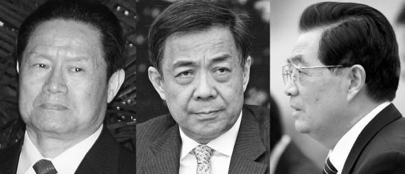 Från vänster till höger: Zhou Yongkang, sekreterare för kinesiska kommunistpartiets centrala politisk-rättsliga utskott; Bo Xilai, partisekreterare i Chongqing; kinesiska regimens högste ledare, Hu Jintao. (Foton: Teh Eng Koon, Feng Li, How Hwee Young / AFP / Getty Images)
