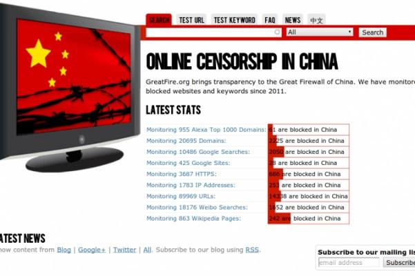 En skärmdump från GreatFire.org, som försöker bryta den kinesiska internetcensuren genom att spegla blockerade sidor på globala molnplattformar. (Greatfire.org/Skärmdump)