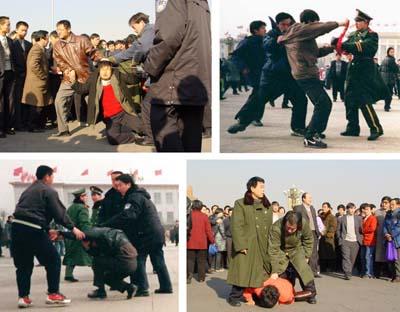 Fotomontaget visar Falun Gong-utövare på Himmelska fridens torg i Peking, bli slagna. De kom för att vädja till myndigheterna om rättvisa för Falun Gong. (Foto: Minghui.org)
