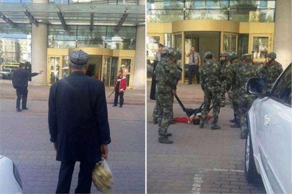 Foton som publicerats på internet visar en polis som siktar sitt vapen mot en fruktförsäljare som håller sin fruktkniv i handen. På den andra bilden ligger försäljaren på marken efter att ha blivit skjuten. (Skärmdump/ Weixin/Epoch Times)