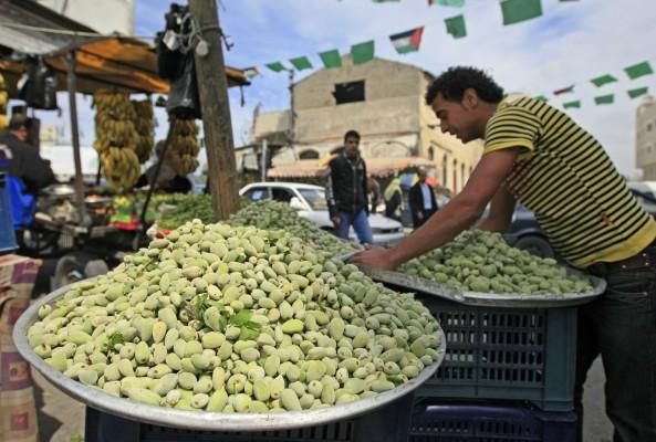 Sötmandel, vetegroddar, margarin och  vegetabiliska oljor innehåller rikligt av E-vitamin. Bilden visar en försäljare som säljer färska mandlar på en markand i Gaza City den 12 mars 2010. (Foto: Mohammed Abed/AFP)