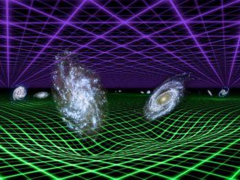 I denna illustration representeras mörk energi av det lila rutnätet överst och gravitationen av det gröna rutnätet under. Gravitation härrör från all materia i universum men dess effekter är lokaliserade och minskar snabbt över stora avstånd. (Foto: NASA/JPL-Caltech)