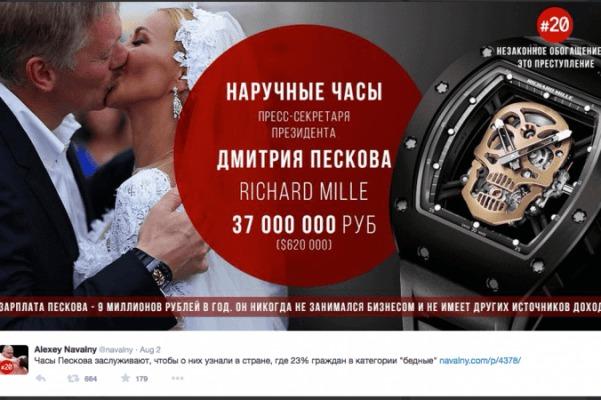 Bröllpsbild från oppositionsledaren Aleksej Navalnyjs Twitterkonto där en lyxklocka syns på Vladimir Putins presstalesman Dmitri Peskovs handled. Bild från Twitter.