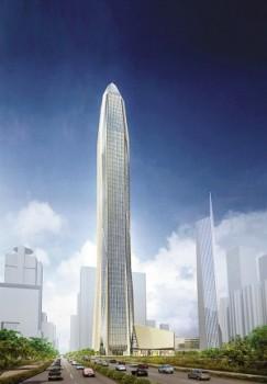 Bilden visar hur Ping'an International Finance Center kommer att se ut när det är klart (om det blir klart) år 2015. Byggandet av den högsta byggnaden i Kina är för tillfället stoppat efter misstankar om att havssand kan ha använts vid cementtillverkningen.